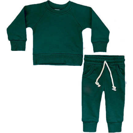 Crewneck Terry Jogger Pant Sweatsuit Set, Forest Green