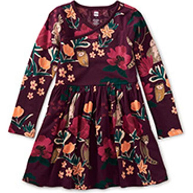 Long Sleeve Wrap Neck Dress, Forest Floral in Red