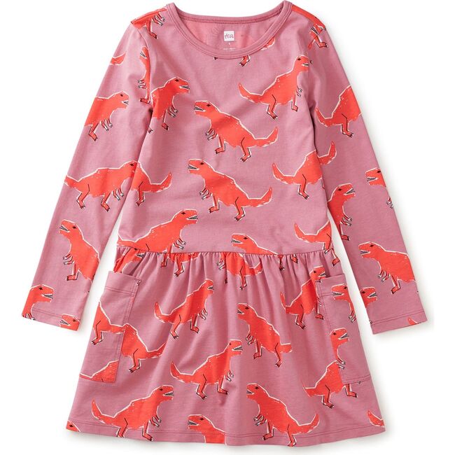 Long Sleeve Pocket Dress, Stomping Dinos In Pink - Dresses - 2