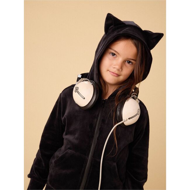 Cat Ears Velour Hoodie, Jet Black - Sweatshirts - 5