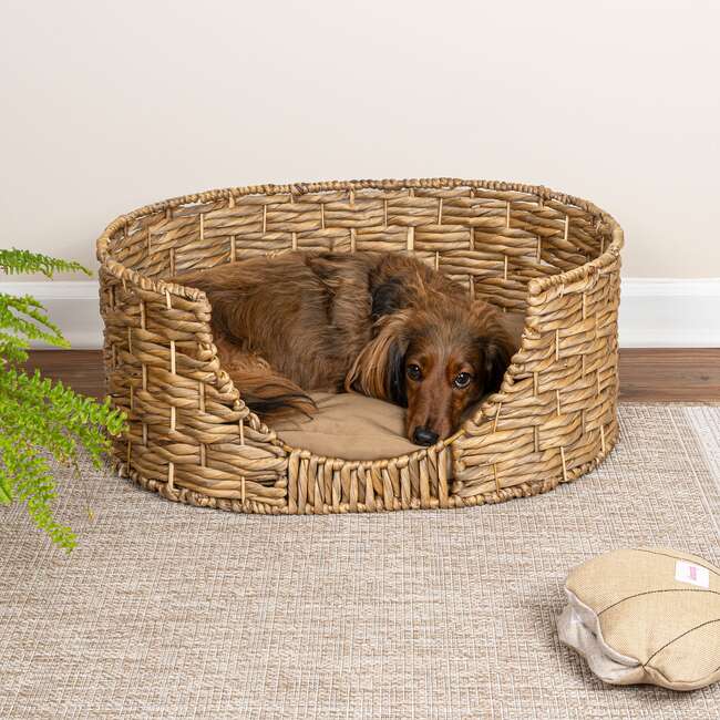 Perri Handwoven Hyacinth Oval Pet Bed with Machine Washable Cushion, Natural - Pet Beds - 2