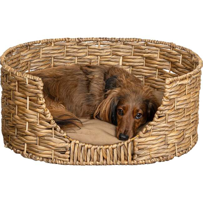 Perri Handwoven Hyacinth Oval Pet Bed with Machine Washable Cushion, Natural - Pet Beds - 3
