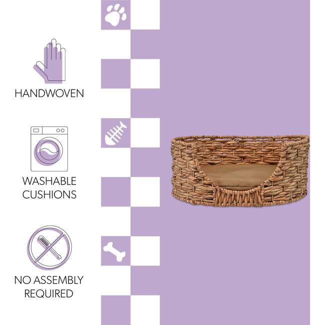 Perri Handwoven Hyacinth Oval Pet Bed with Machine Washable Cushion, Natural - Pet Beds - 5