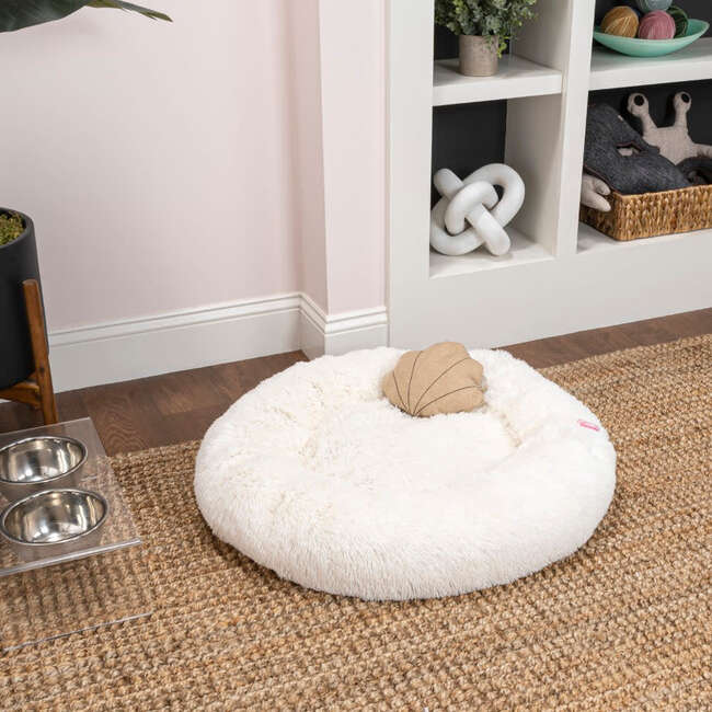 Maisie Faux Fur Round Fluffy Calming Donut Pet Bed with Washable Cover, Snow - Pet Beds - 3