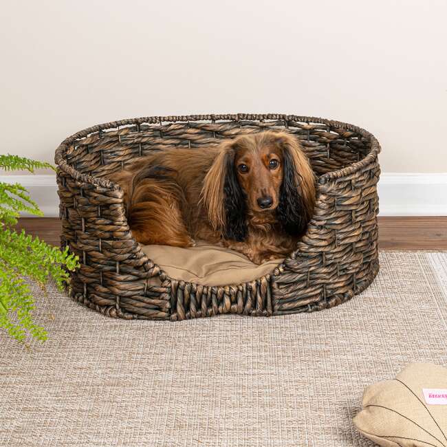 Perri Handwoven Hyacinth Oval Pet Bed with Machine Washable Cushion, Brown - Pet Beds - 2