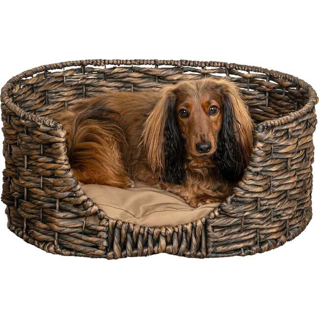 Perri Handwoven Hyacinth Oval Pet Bed with Machine Washable Cushion, Brown - Pet Beds - 3