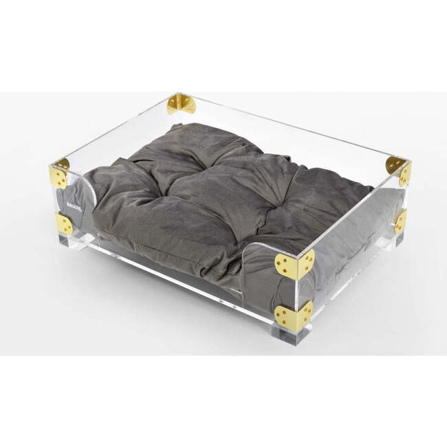 Haines Acrylic Velvet Pet Bed with Washable Cushion, Dark Grey/Clear