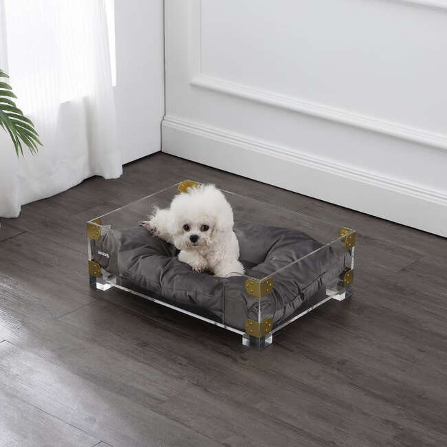 Haines Acrylic Velvet Pet Bed with Washable Cushion, Dark Grey/Clear - Pet Beds - 4