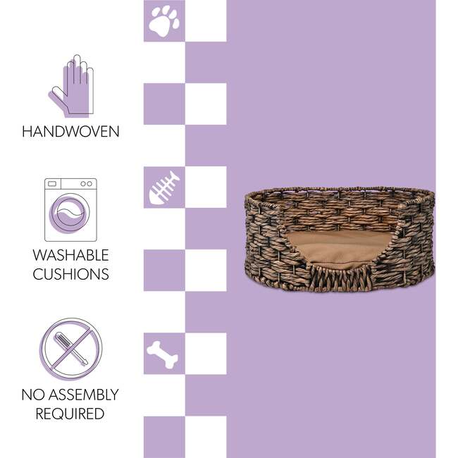 Perri Handwoven Hyacinth Oval Pet Bed with Machine Washable Cushion, Brown - Pet Beds - 5
