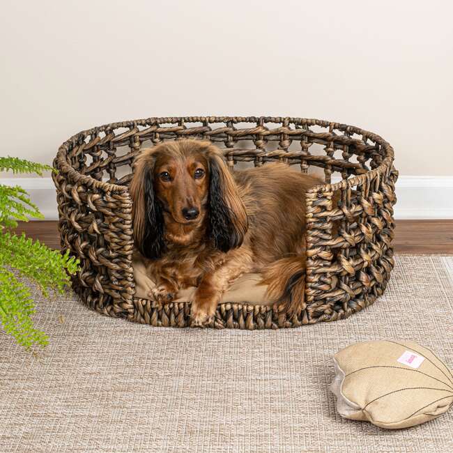 Gigi Handwoven Hyacinth Open Weave Oval Pet Bed with Machine Washable Cushion, Brown - Pet Beds - 2