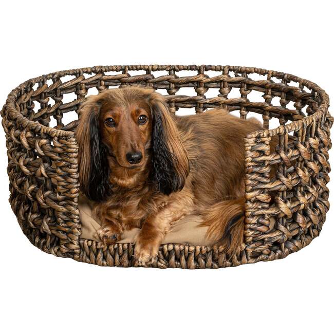 Gigi Handwoven Hyacinth Open Weave Oval Pet Bed with Machine Washable Cushion, Brown - Pet Beds - 3