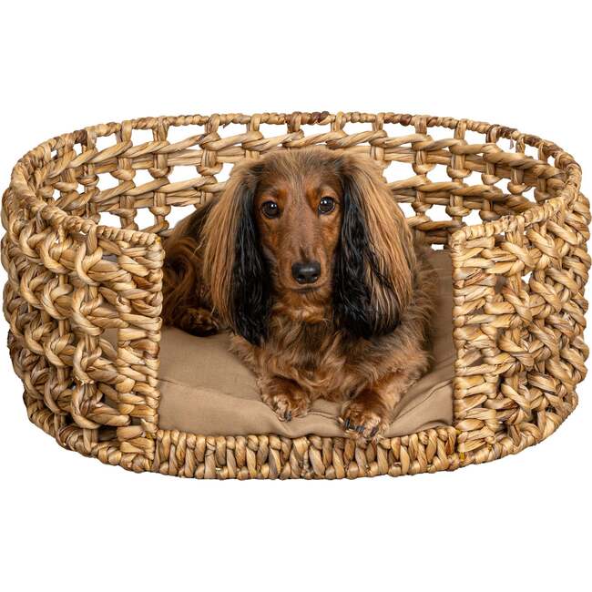 Gigi Handwoven Hyacinth Open-Weave Oval Pet Bed with Machine Washable Cushion, Natural - Pet Beds - 3