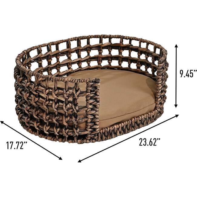 Gigi Handwoven Hyacinth Open Weave Oval Pet Bed with Machine Washable Cushion, Brown - Pet Beds - 4