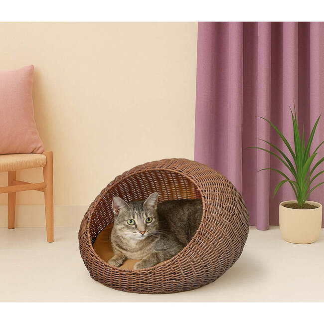 Fiora Circular Faux Wicker Pet Bed with Machine Washable Cushion, Brown - Pet Beds - 2