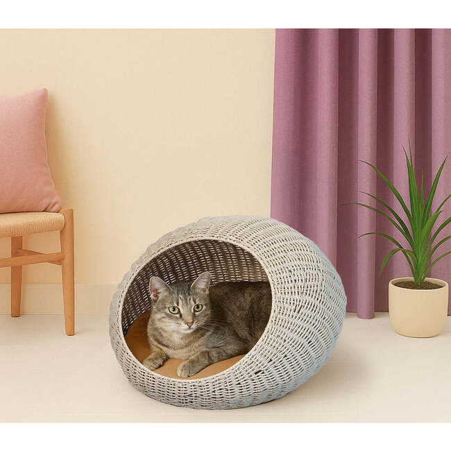 Fiora Circular Faux Wicker Pet Bed with Machine Washable Cushion, White - Pet Beds - 2