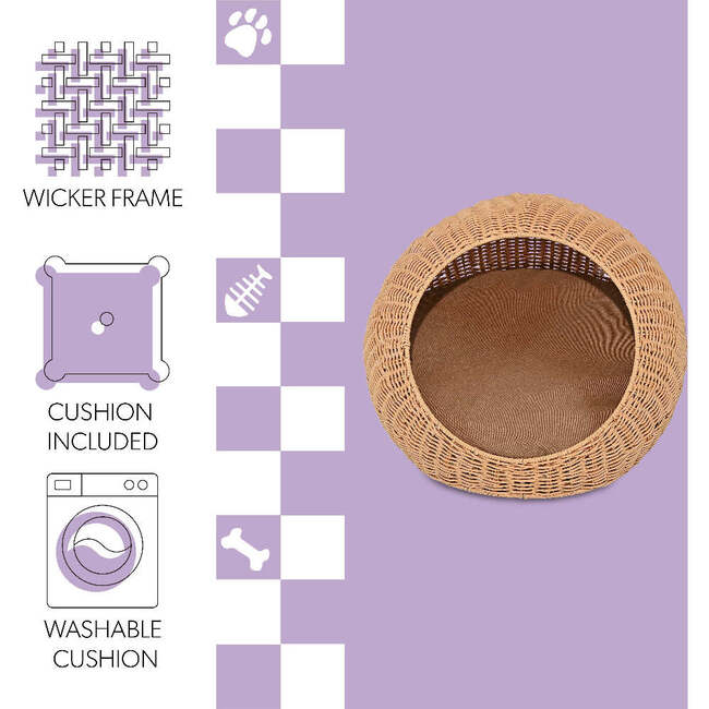 Fiora Circular Faux Wicker Pet Bed with Machine Washable Cushion, Natural - Pet Beds - 5