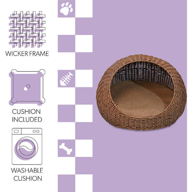 Fiora Circular Faux Wicker Pet Bed with Machine Washable Cushion, Brown - Pet Beds - 5