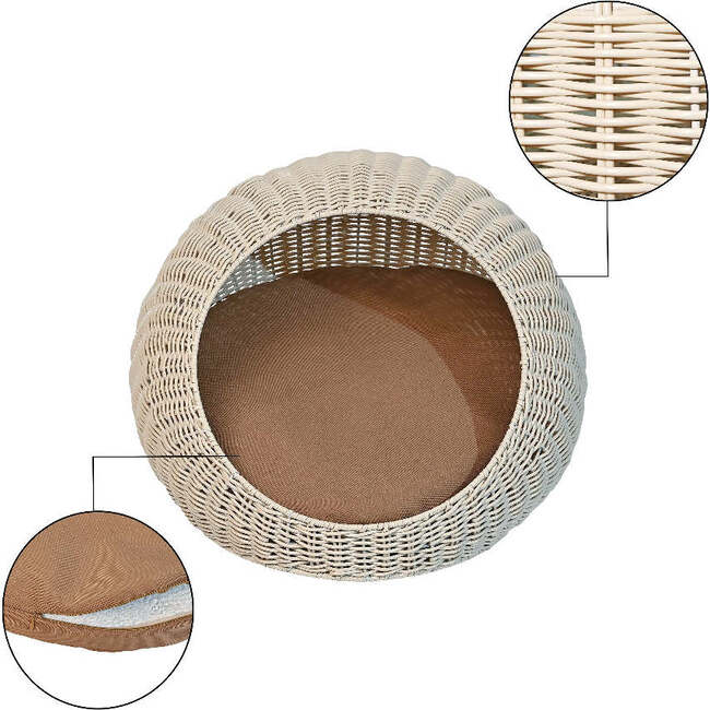 Fiora Circular Faux Wicker Pet Bed with Machine Washable Cushion, White - Pet Beds - 6
