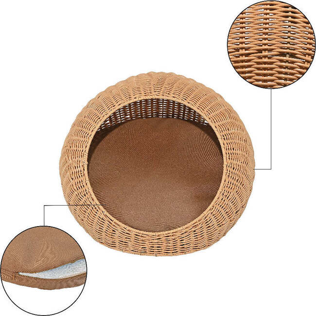 Fiora Circular Faux Wicker Pet Bed with Machine Washable Cushion, Natural - Pet Beds - 6