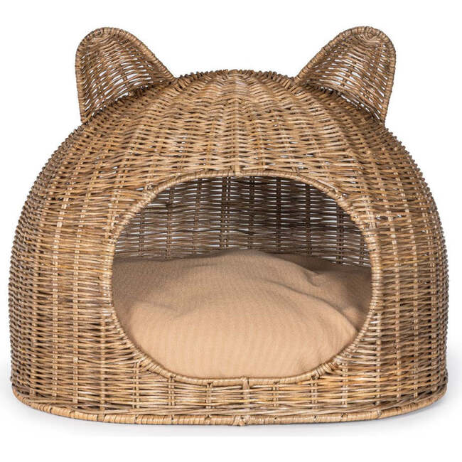 Cat Ear Handwoven Pet Bed with Machine Washable Cushion, Natural