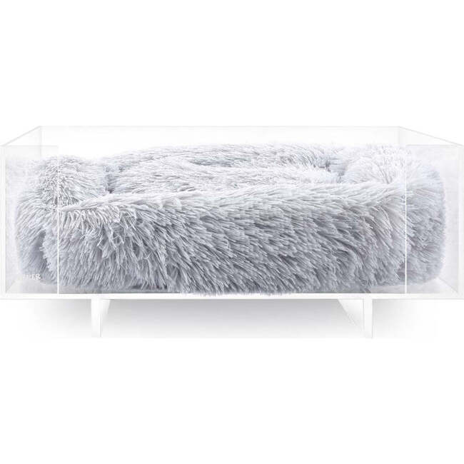 Carole Acrylic Fluffy Pet Bed with Washable Cushion, Light Grey/Clear