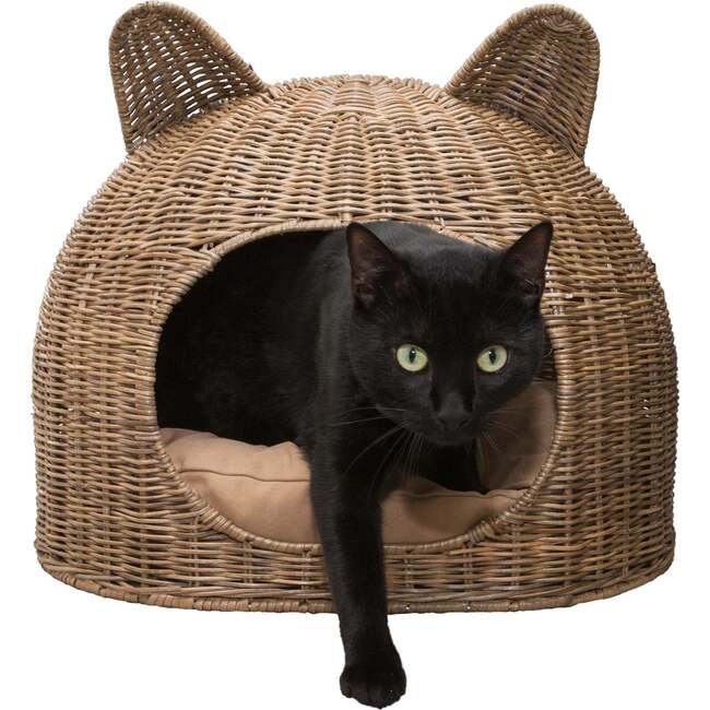 Cat Ear Handwoven Pet Bed with Machine Washable Cushion, Natural - Pet Beds - 3