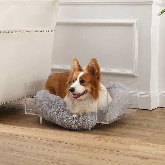 Carole Acrylic Fluffy Pet Bed with Washable Cushion, Light Grey/Clear - Pet Beds - 2