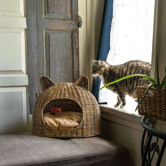 Cat Ear Handwoven Pet Bed with Machine Washable Cushion, Natural - Pet Beds - 4