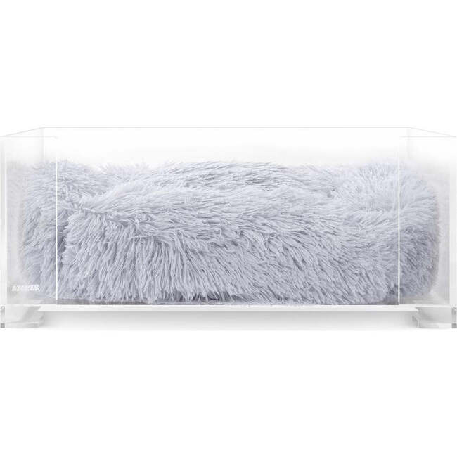 Billie Acrylic Fluffy Pet Bed with Washable Cushion and 4" Elevated Pet Feeder with 2 27oz Stainless Steel Bowls, Light Grey/Clear (Set of 2)
