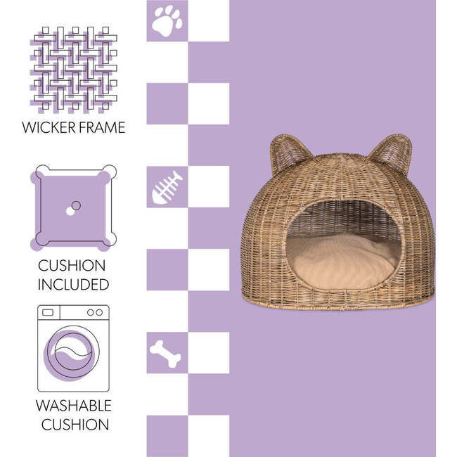 Cat Ear Handwoven Pet Bed with Machine Washable Cushion, Natural - Pet Beds - 5