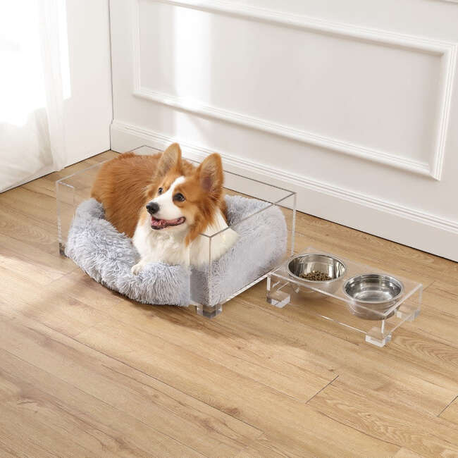 Billie Acrylic Fluffy Pet Bed with Washable Cushion and 4" Elevated Pet Feeder with 2 27oz Stainless Steel Bowls, Light Grey/Clear (Set of 2) - Pet Beds - 2