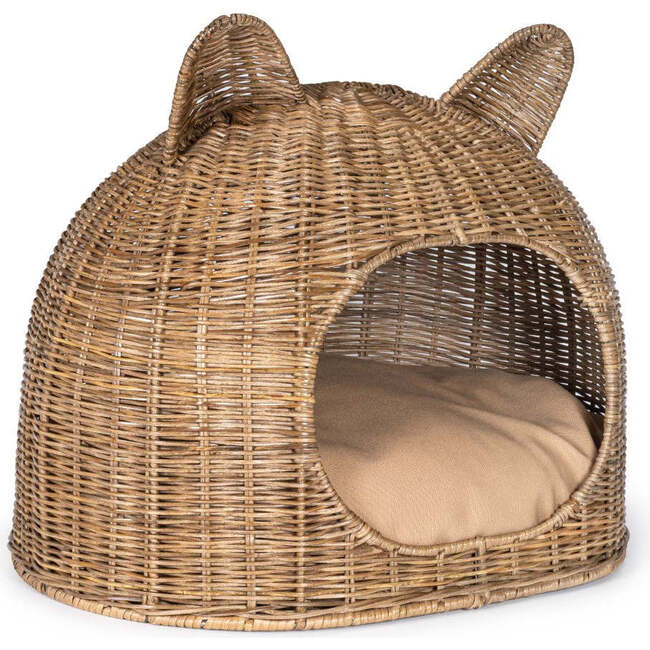 Cat Ear Handwoven Pet Bed with Machine Washable Cushion, Natural - Pet Beds - 7