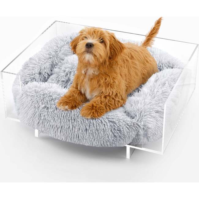 Carole Acrylic Fluffy Pet Bed with Washable Cushion, Light Grey/Clear - Pet Beds - 3