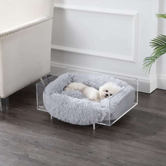 Carole Acrylic Fluffy Pet Bed with Washable Cushion, Light Grey/Clear - Pet Beds - 4