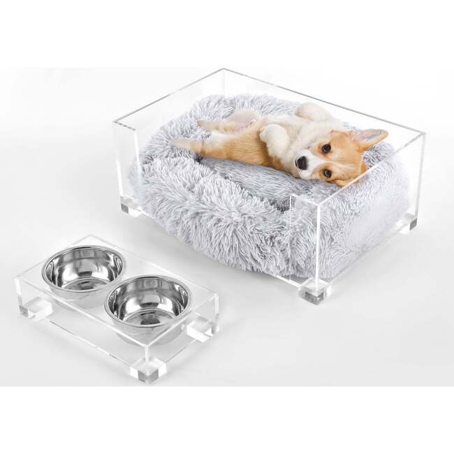 Billie Acrylic Fluffy Pet Bed with Washable Cushion and 4" Elevated Pet Feeder with 2 27oz Stainless Steel Bowls, Light Grey/Clear (Set of 2) - Pet Beds - 3