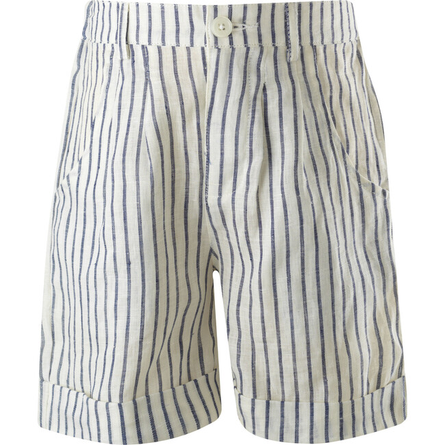 Striped Linen Elastic Waist Button Shorts, Navy