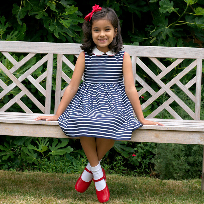 Striped Peter Pan Collar Dress, Navy - Dresses - 3
