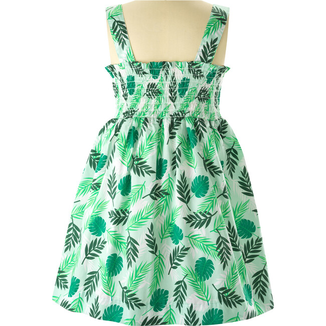 Palm Tree Print Cotton Ruffle Bow Strap Sundress, Green
