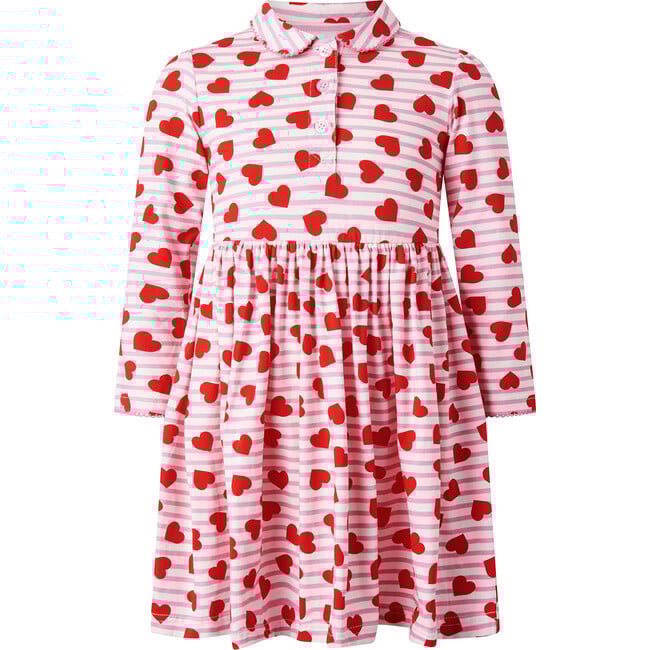 Striped Heart Print Peter Pan Collar Jersey Dress, Pink - Dresses - 1