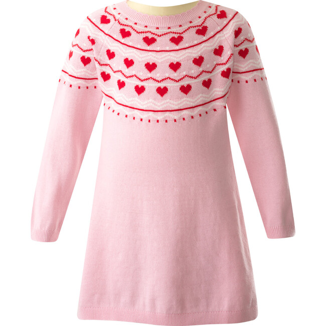 Heart Knit Ribbed Neck Long Sleeve A-Line Dress, Powder Pink - Dresses - 1