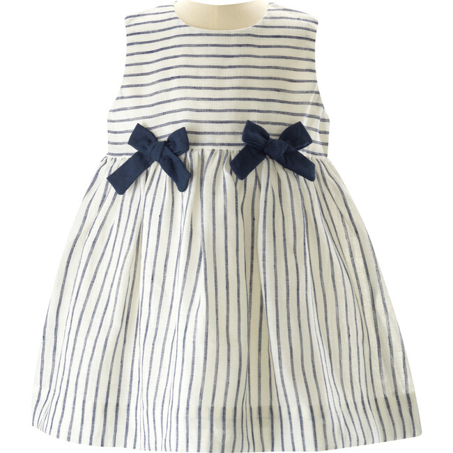 Babys Striped Linen Bow Gathered Skirt Dress & Bloomers, Navy - Dresses - 1