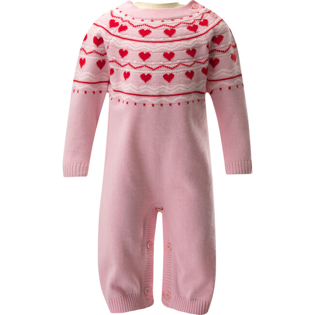 Babys Heart Intarsia Knit Ribbed Neck Long Sleeve Playsuit, Pink - Rompers - 1