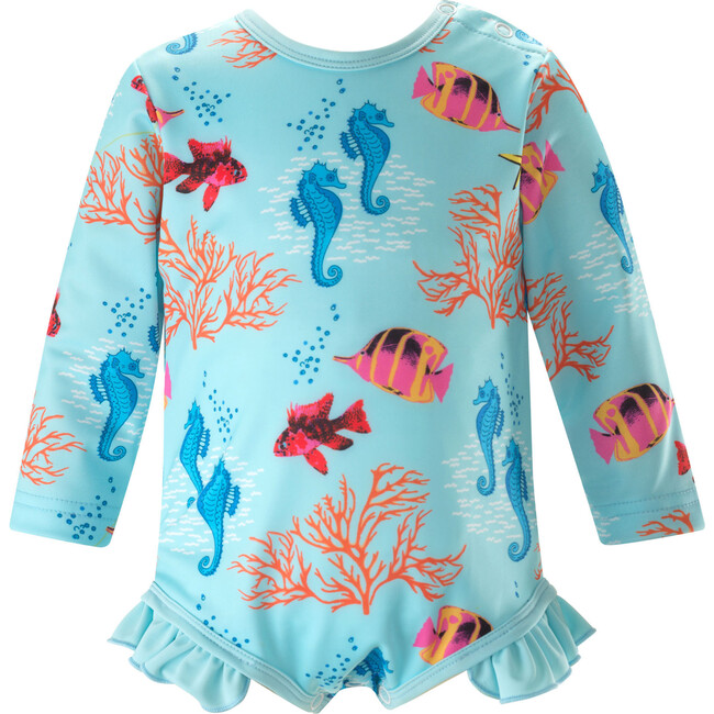 Babys Coral Reef Print Long Sleeve One-Piece Rashguard, Blue - One Pieces - 1