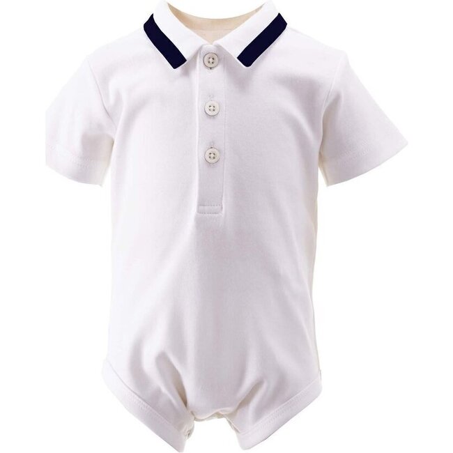 Piped Ribbon Collar Shirt Bodysuit, Navy - Rompers - 1