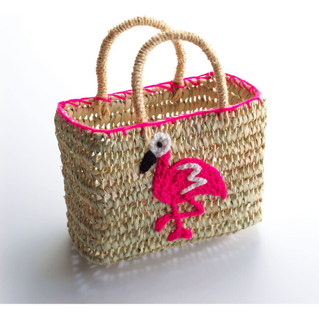 Flamingo Embroidered Mini Straw Beach Bag, Pink - Bags - 1