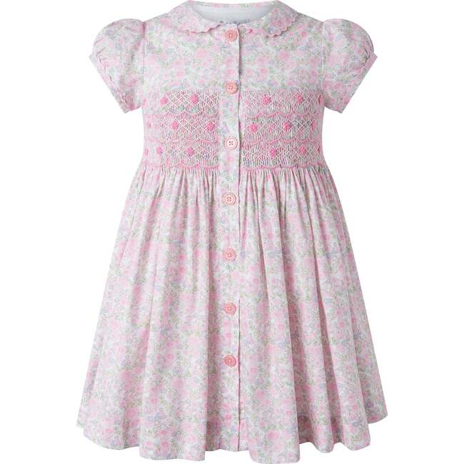 Ditsy Bloom Smocked Button-front Dress, Pink