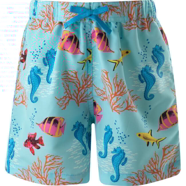 Coral Reef Print Elastic Waist Drawstring Swim Trunks, Blue - Swim Trunks - 1