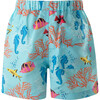 Coral Reef Print Elastic Waist Drawstring Swim Trunks, Blue - Swim Trunks - 2 - thumbnail
