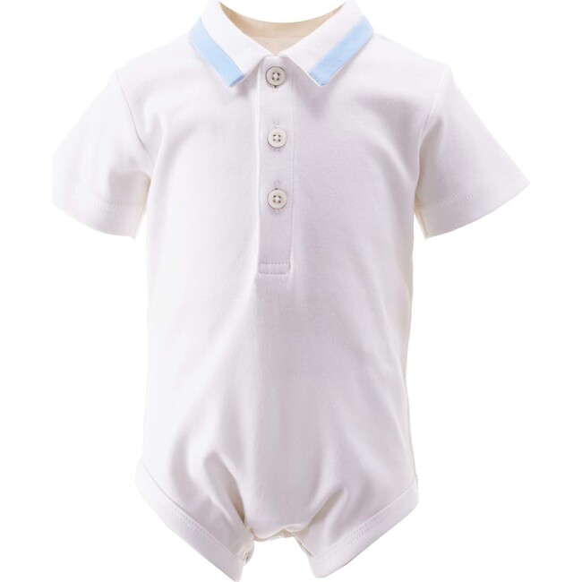 Piped Ribbon Collar Shirt Bodysuit, Blue - Rompers - 1