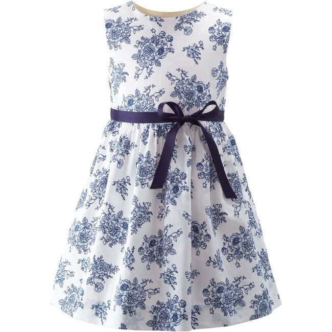 Floral Print Sash Tie Toile Dress, Navy